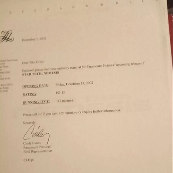 Star Trek Nemesis Handbook Of Production Information, letter of release date. - Picture 4 of 8